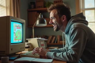 Homme jouant à Monopoly gratuitement sur navigateur depuis un vieux PC de bureau à la maison