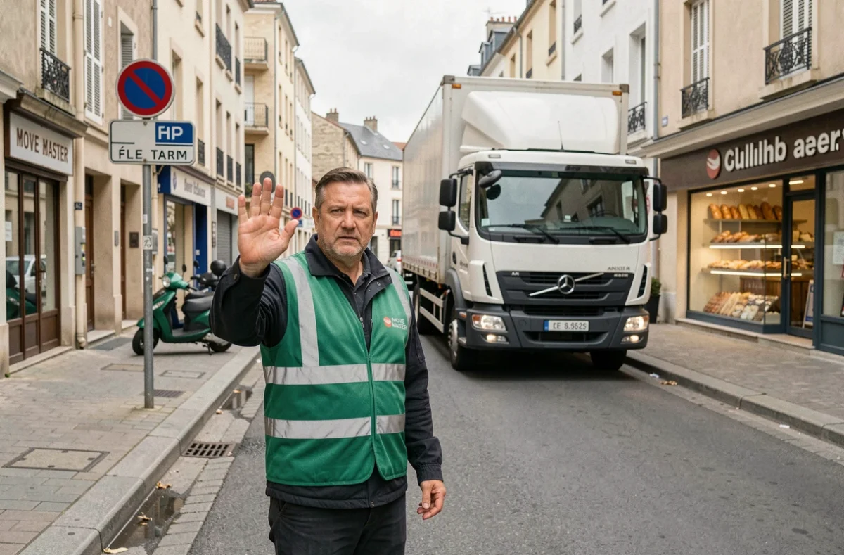 Chef d'équipe Move Master guidant un camion de déménagement dans une rue étroite d'Aubervilliers