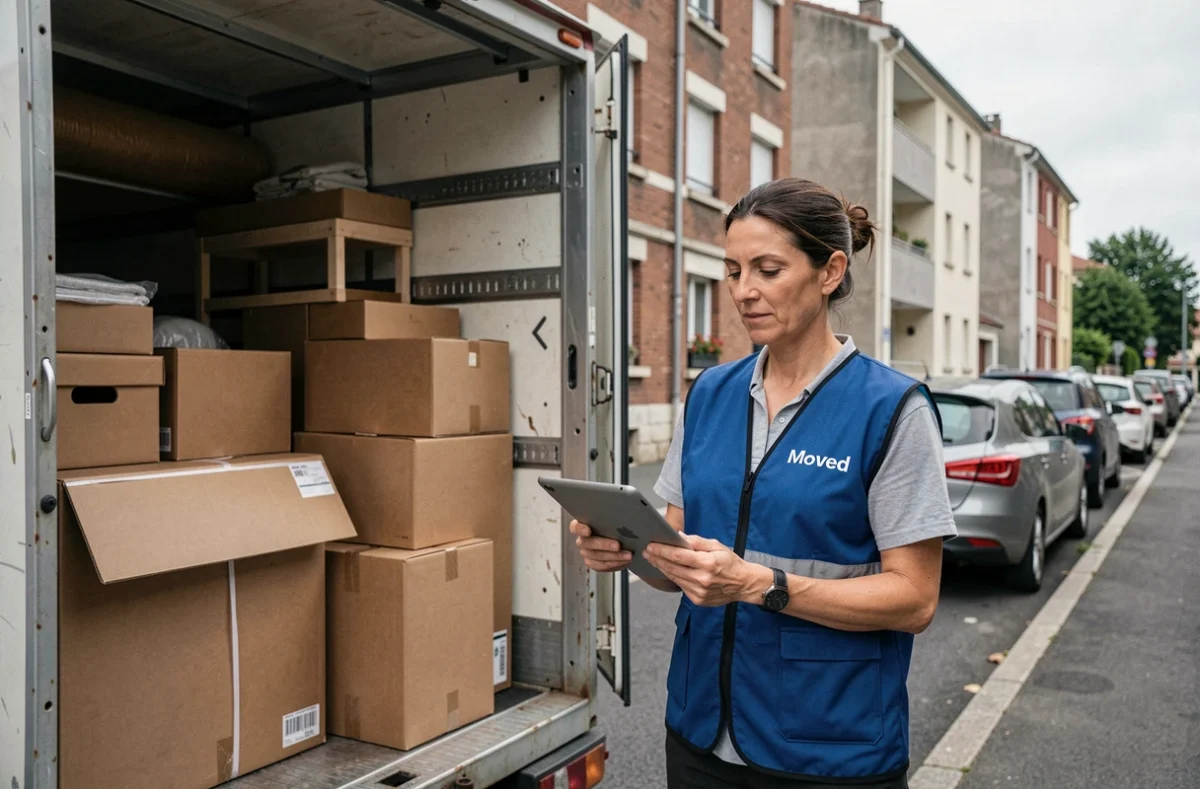 Coordinatrice de la société Moved vérifiant l'inventaire de déménagement sur tablette devant un camion ouvert