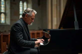 Pianiste en costume sombre jouant dans une chapelle en pierre lors de funérailles sobres et élégantes