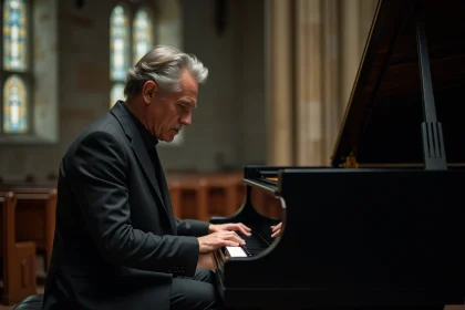 Pianiste en costume sombre jouant dans une chapelle en pierre lors de funérailles sobres et élégantes