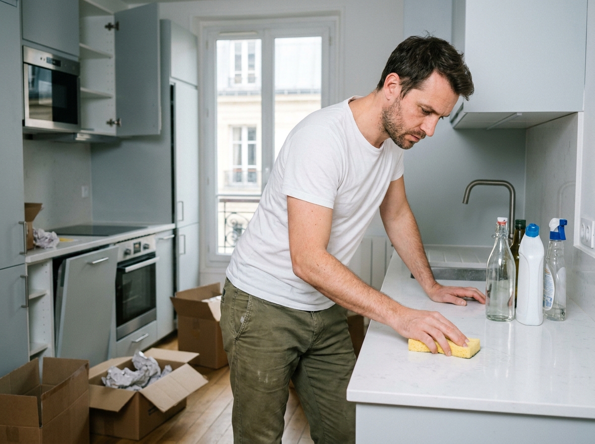 Homme nettoyant les plans de travail d'une cuisine après un déménagement dans un appartement moderne à Versailles