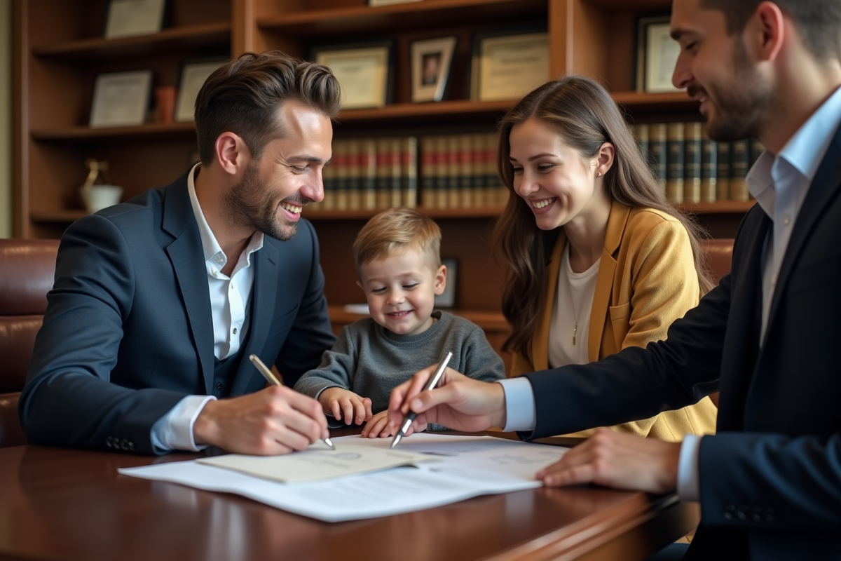 Notaire et famille signent un contrat dans un bureau