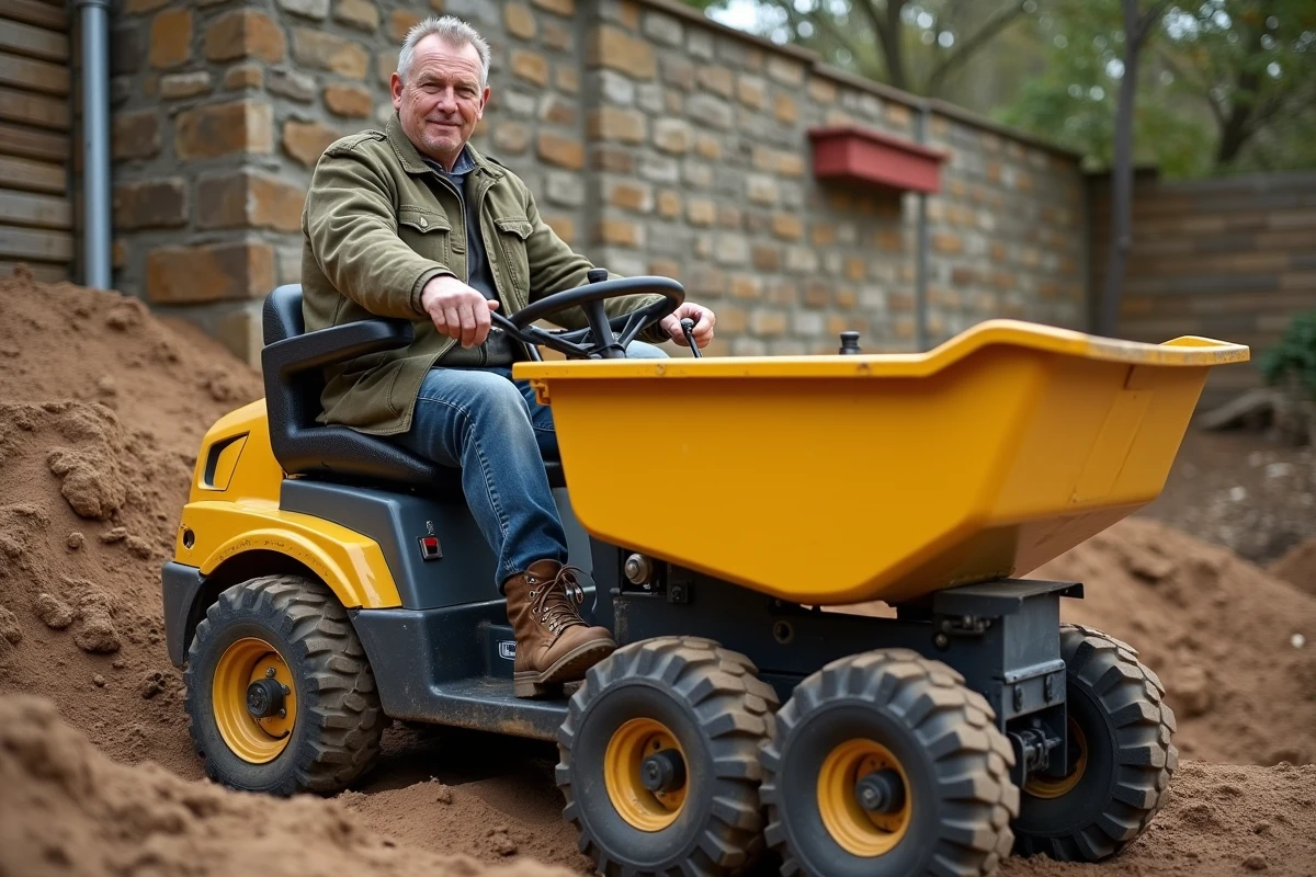 Homme d'une cinquantaine d'années opérant un mini dumper jaune sur une terrasse en pente en cours de rénovation