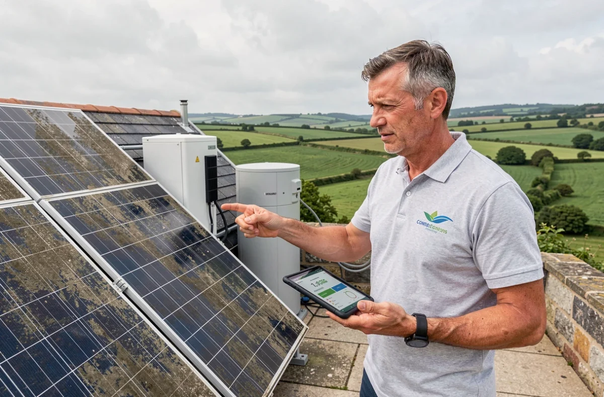 Consultant de OHE Optimisation Habitat Energie devant des panneaux solaires thermiques en Bretagne