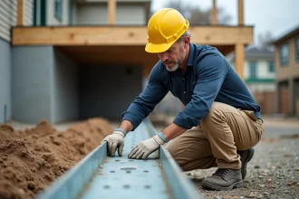 Ouvrier inspectant un acier en U galvanisé pour support de terrasse sur un chantier résidentiel