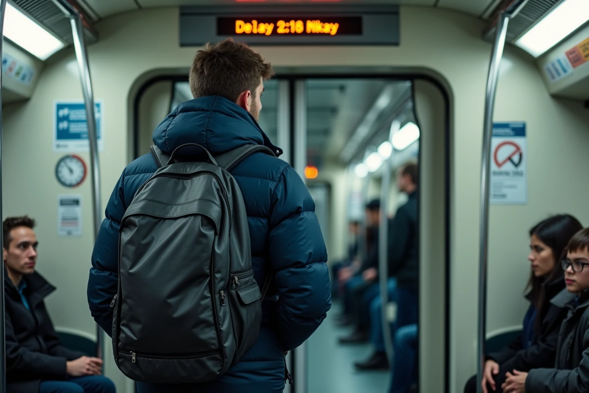 Passager dans une rame de métro immobilisée consultant l'écran d'information affichant un retard RATP