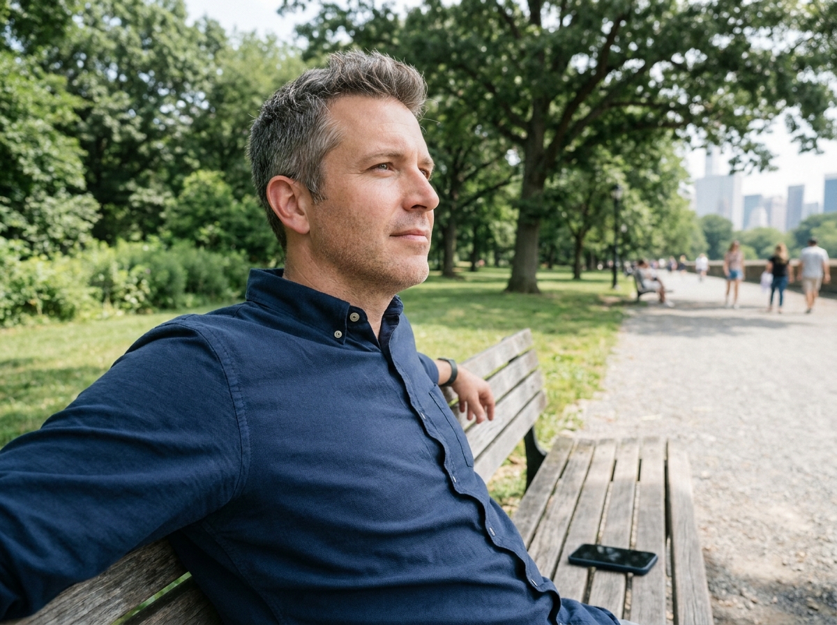 Homme faisant une pause déconnectée dans un parc urbain avec son téléphone retourné pendant la journée de travail