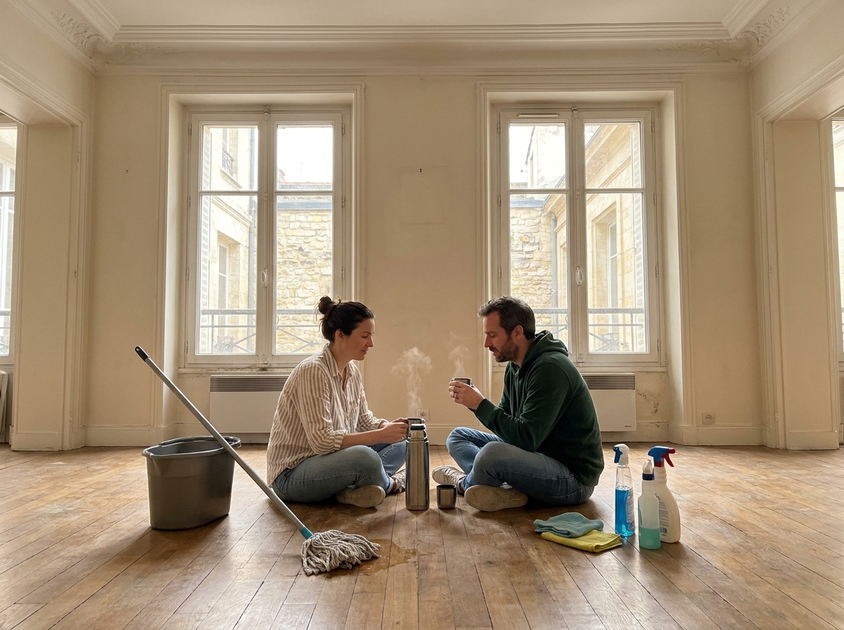 Couple faisant une pause pendant le ménage post-déménagement dans un salon vide avec moulures classiques à Versailles