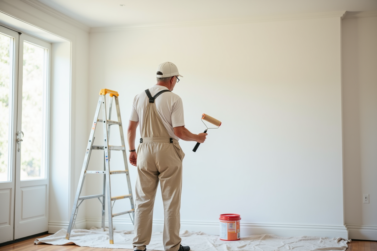 Peintre d age mûr applique de la peinture sur un mur intérieur