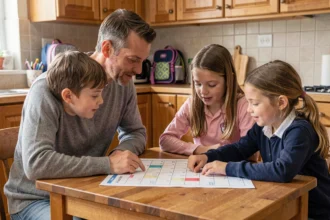 Père et ses deux enfants consultant un planning de garde alternée semaine paire autour d'une table de cuisine