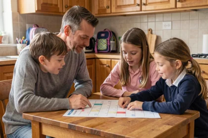 Père et ses deux enfants consultant un planning de garde alternée semaine paire autour d'une table de cuisine