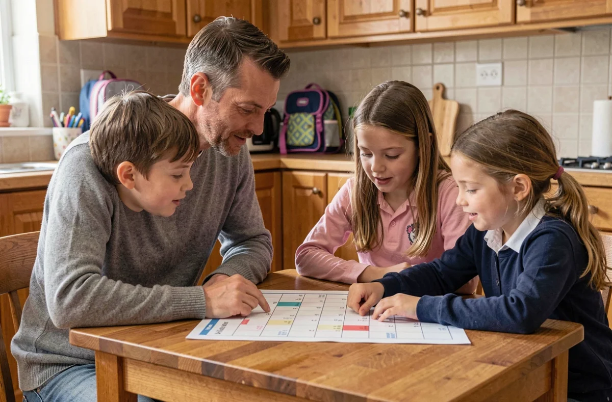 Père et ses deux enfants consultant un planning de garde alternée semaine paire autour d'une table de cuisine
