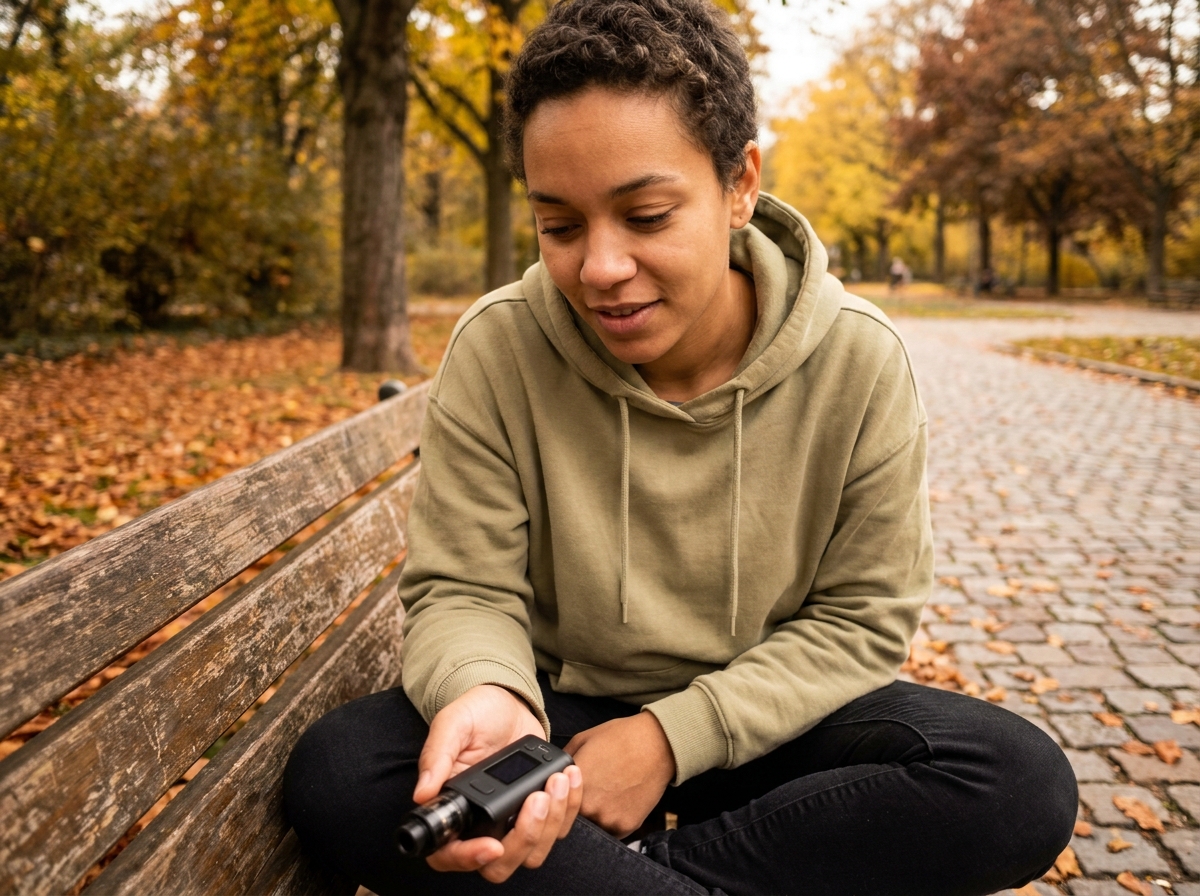 Personne tenant un vaporisateur électronique dans un parc en automne pour adapter sa nicotine