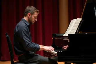 Pianiste professionnel jouant une partition avancée de Let It Be sur un Steinway à queue sur scène de concert