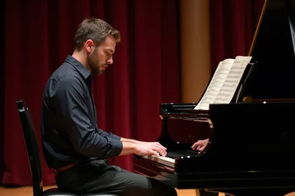 Pianiste professionnel jouant une partition avancée de Let It Be sur un Steinway à queue sur scène de concert