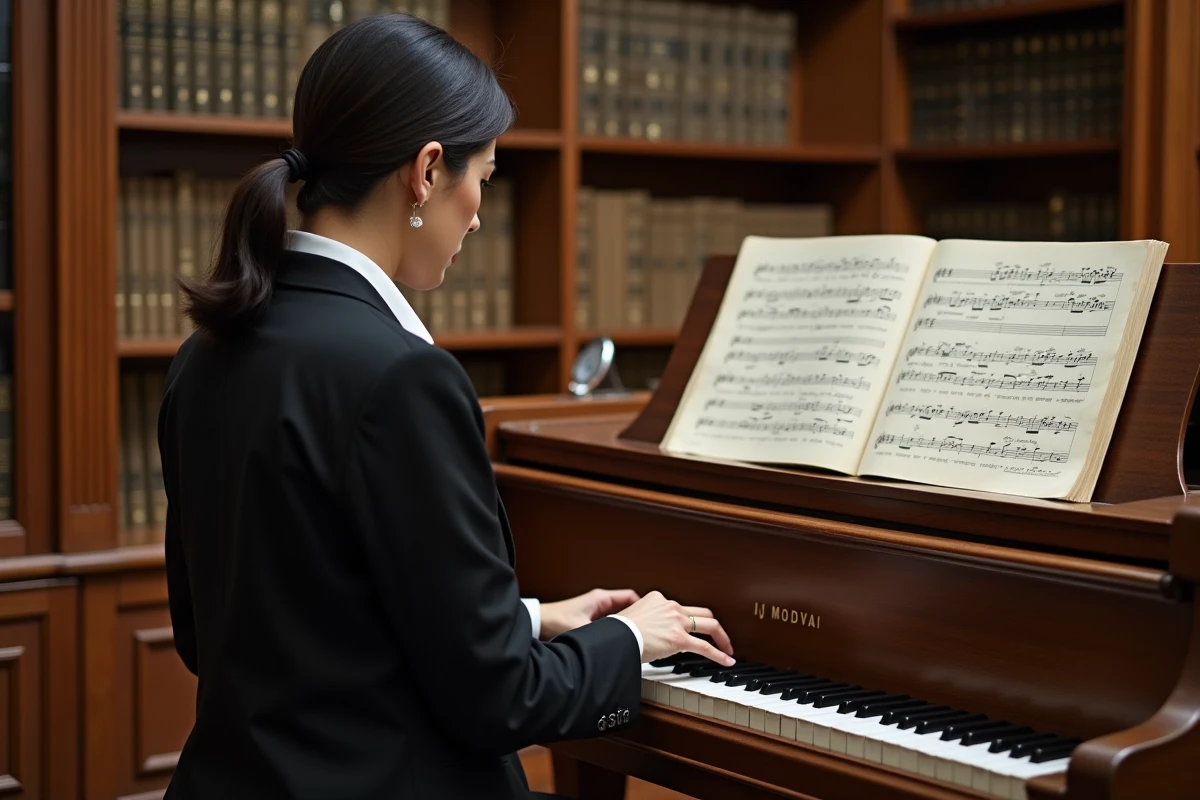 Pianiste femme étudiant une partition avancée annotée de Let It Be dans une salle de répétition de conservatoire