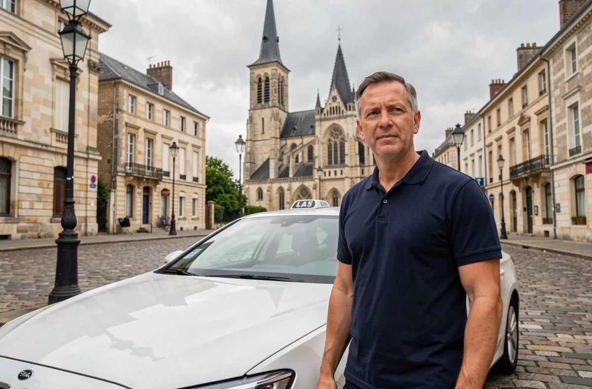 Chauffeur de taxi Pickmecab devant sa voiture blanche à Orléans