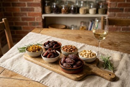 Plateau apéritif maison avec fruits secs variés, amandes et abricots secs disposés dans des bols en céramique sur une planche en bois rustique