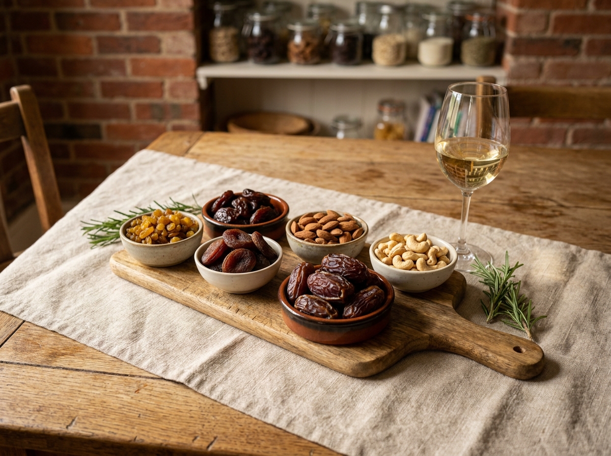 Plateau apéritif maison avec fruits secs variés, amandes et abricots secs disposés dans des bols en céramique sur une planche en bois rustique