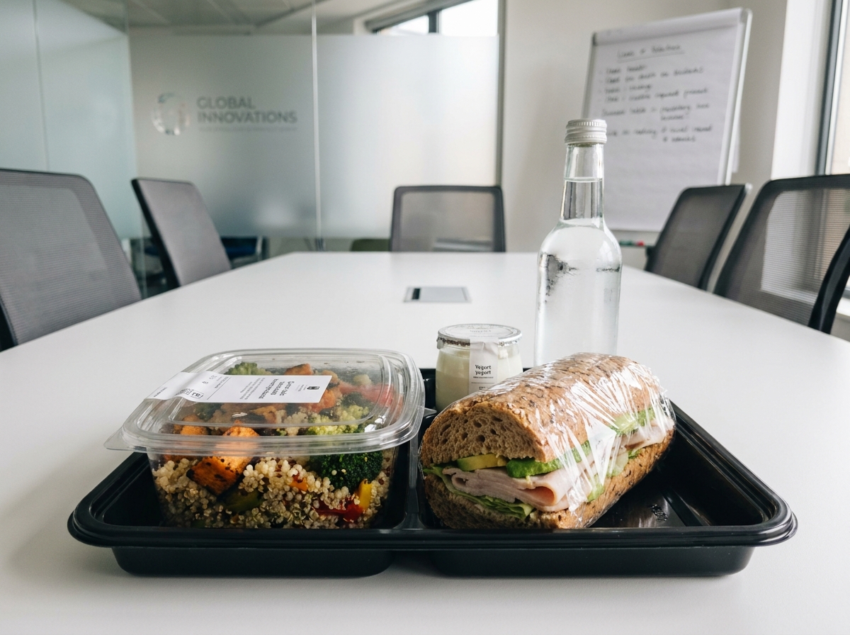 Plateau-repas d'entreprise équilibré et bien présenté posé sur une table de salle de réunion professionnelle