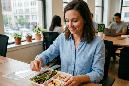 Femme en entreprise ouvrant un plateau-repas équilibré à son bureau dans un open space moderne