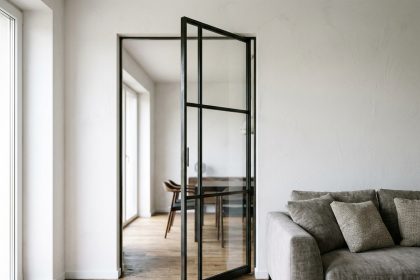 Porte battante façon verrière en acier noir avec vitrages clairs installée entre salon et salle à manger sans travaux lourds