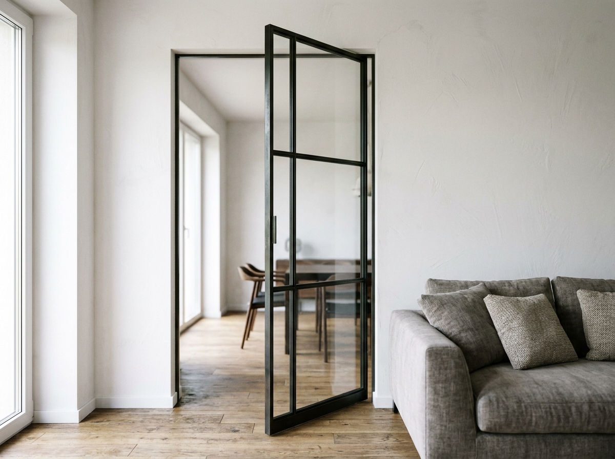 Porte battante façon verrière en acier noir avec vitrages clairs installée entre salon et salle à manger sans travaux lourds