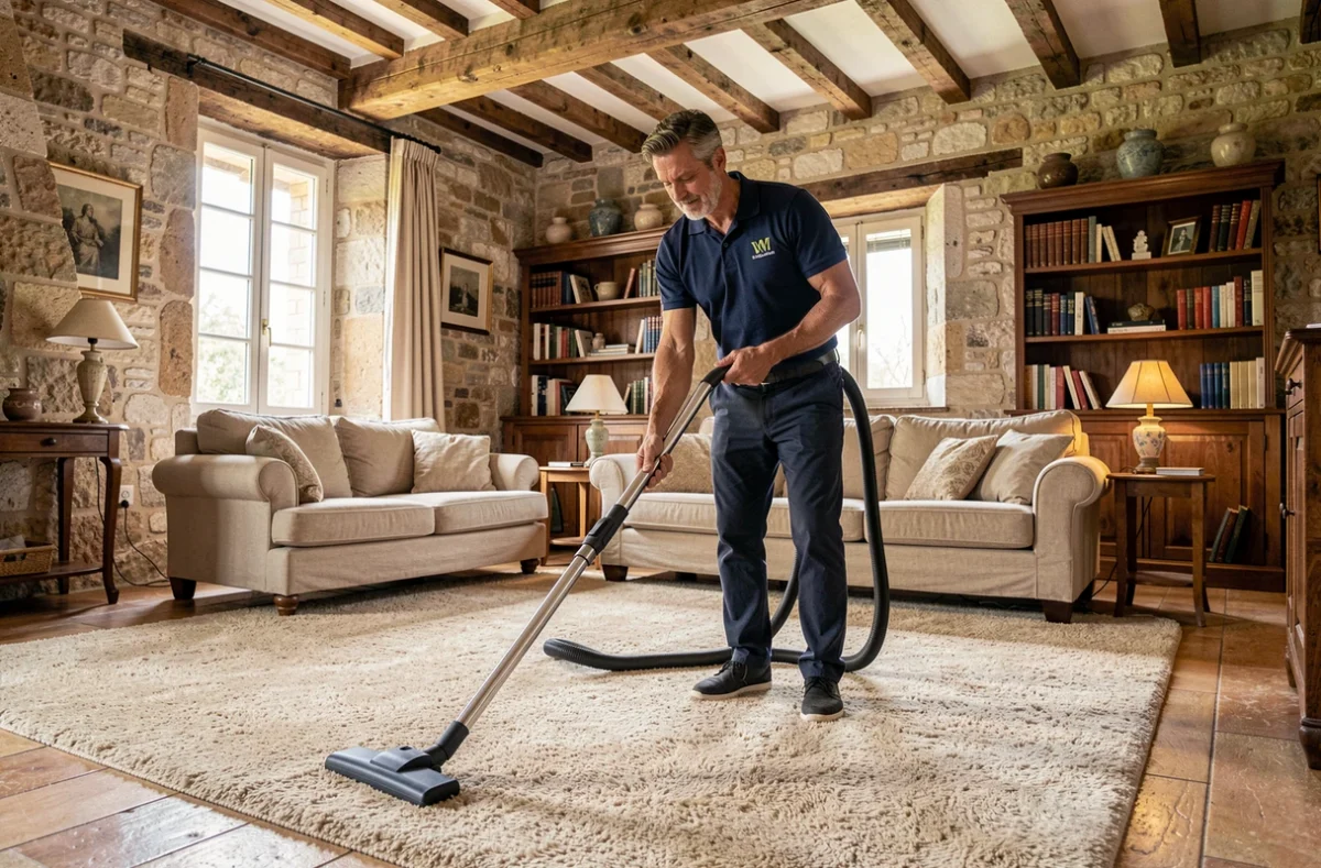 Homme de ménage passant l'aspirateur dans un salon avec murs en pierre caractéristique d'une maison à Carcassonne