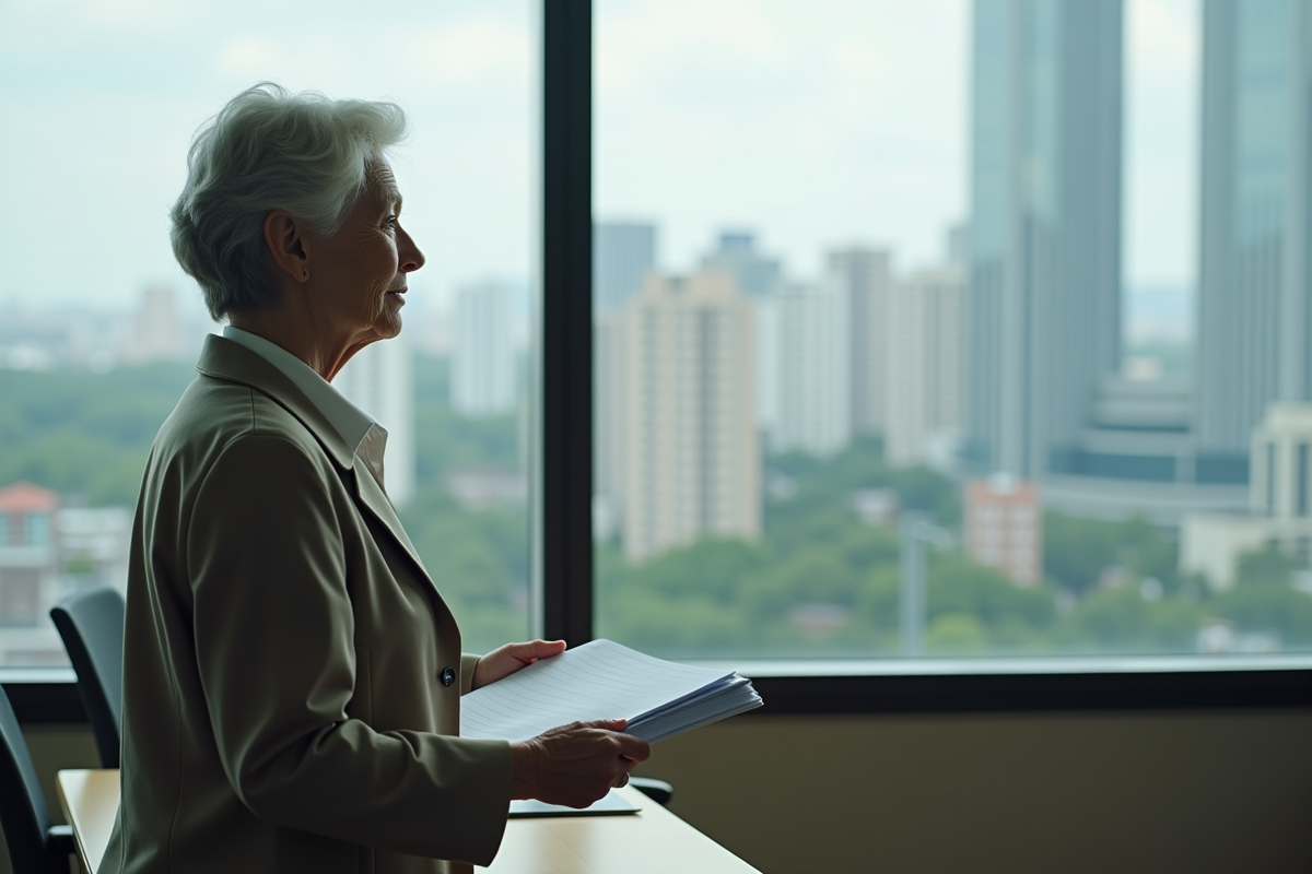 Professeure âgée regardant par la fenêtre