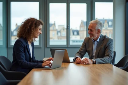 Deux professionnels en réunion dans une salle moderne