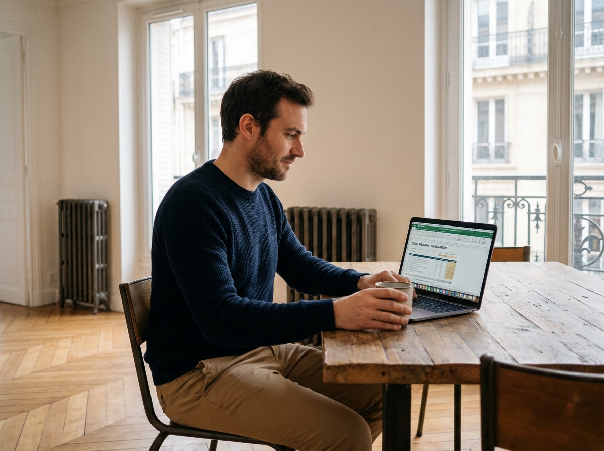 Propriétaire parisien comparant des devis de rénovation sur ordinateur dans un appartement rénové