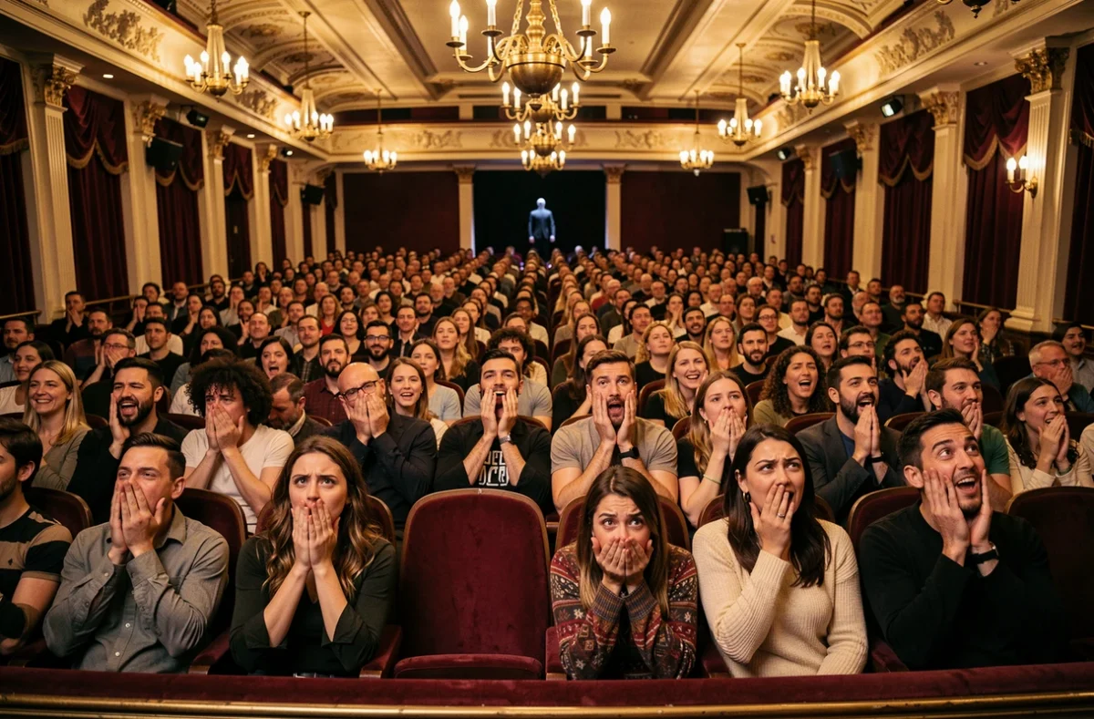 Public parisien médusé et hilare lors d'un spectacle de mentalisme dans un grand théâtre aux fauteuils de velours rouge