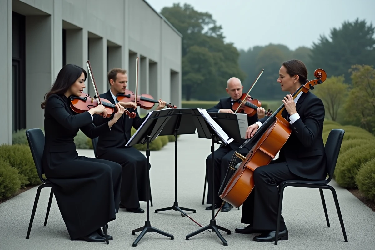 Quatuor à cordes jouant en vêtements noirs dans la cour d'un crématorium moderne lors d'une cérémonie funèbre