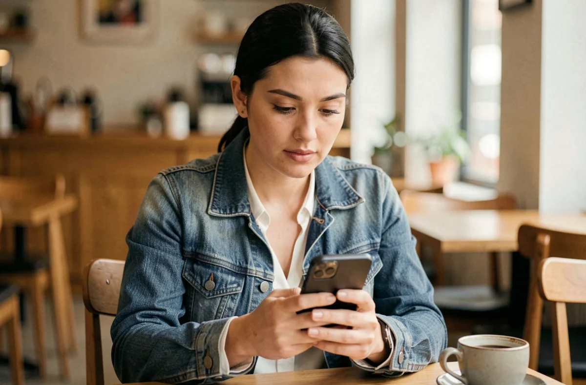 Femme consultant un annuaire inversé sur smartphone dans un café pour identifier un numéro inconnu