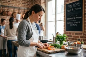Femme en reconversion professionnelle apprenant les techniques culinaires dans une école de cuisine parisienne