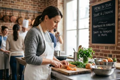 Femme en reconversion professionnelle apprenant les techniques culinaires dans une école de cuisine parisienne