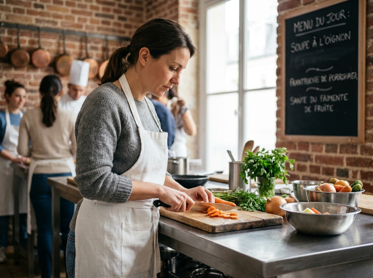 Femme en reconversion professionnelle apprenant les techniques culinaires dans une école de cuisine parisienne