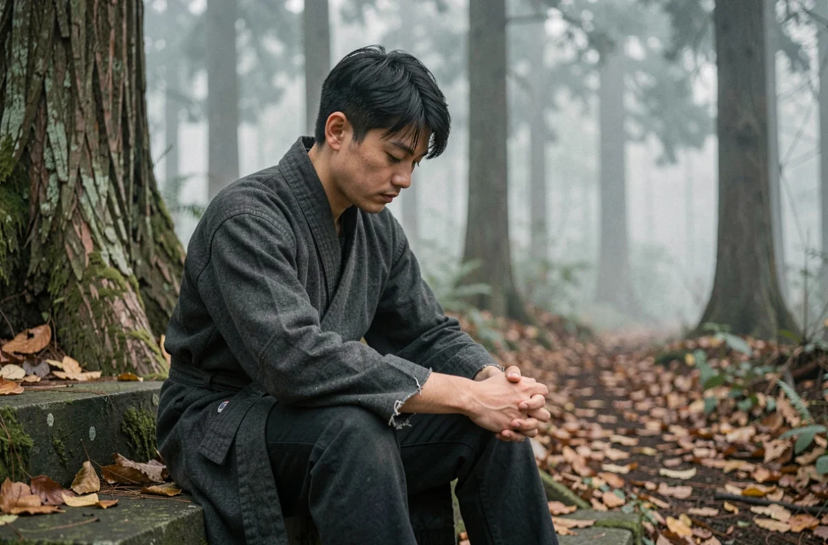 Jeune homme japonais assis sur des marches en pierre usées en lisière d'une forêt brumeuse, tête baissée et mains jointes, exprimant un recueillement mélancolique lié à la culpabilité et à la mémoire d'un héritage brisé