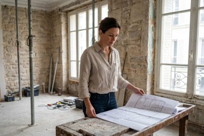 Femme consultant des plans de rénovation dans un appartement parisien haussmannien en travaux