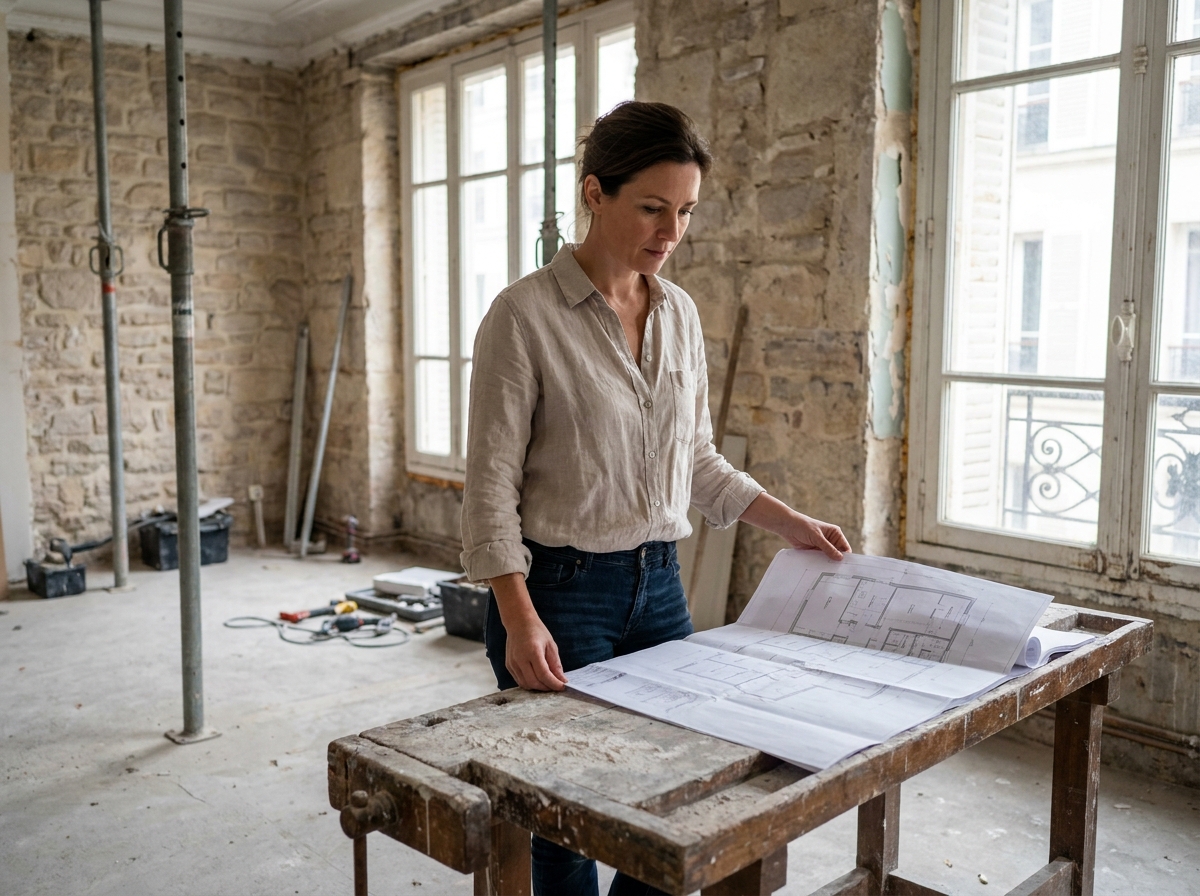 Femme consultant des plans de rénovation dans un appartement parisien haussmannien en travaux