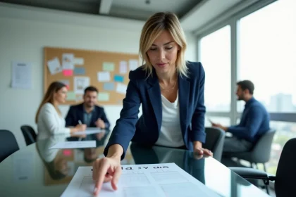 Femme en réunion d'équipe pointant un calendrier trimestriel 2026 imprimé sur une table de conférence en verre dans un bureau moderne