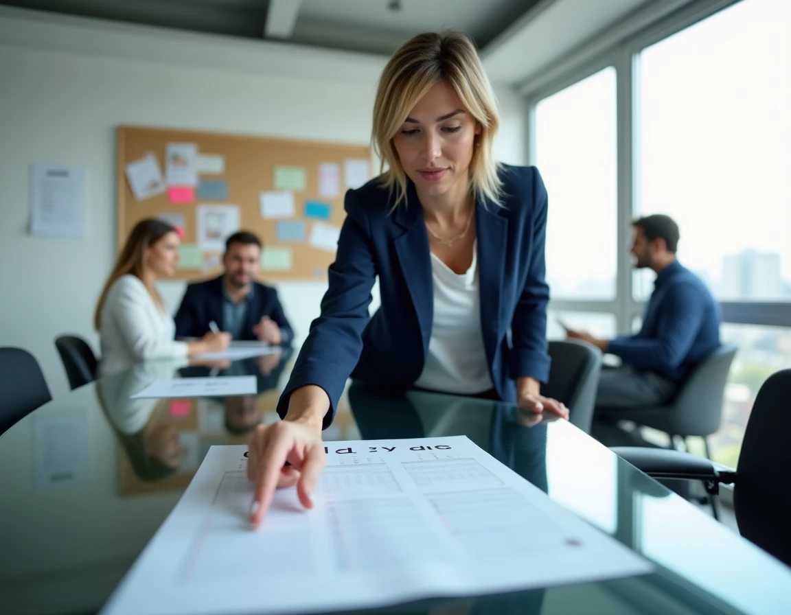 Femme en réunion d'équipe pointant un calendrier trimestriel 2026 imprimé sur une table de conférence en verre dans un bureau moderne