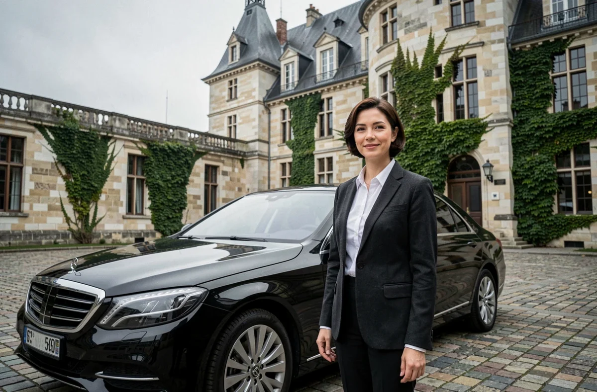 Chauffeure de taxi Royal Connection en tenue professionnelle devant le Château de Blois