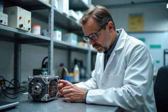 Scientiste en laboratoire examinant un moteur quantique