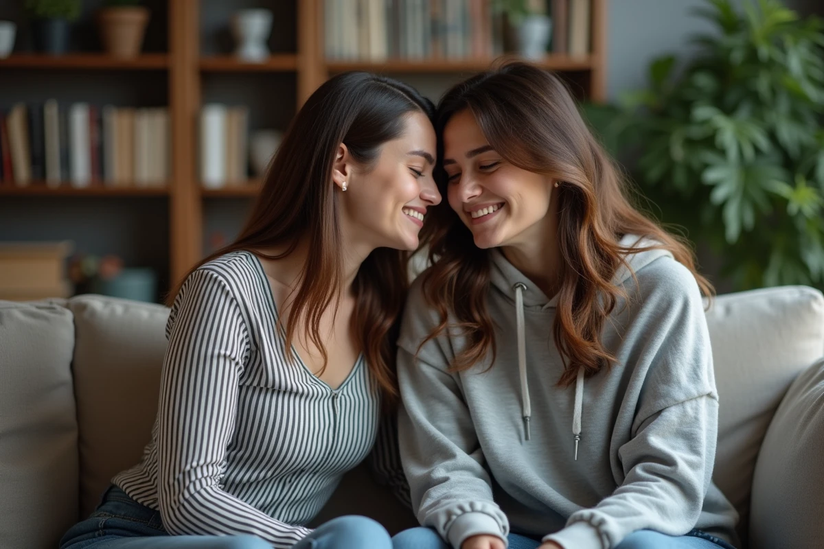 Deux amies discutant de signes amoureux d'une femme timide dans un salon naturel