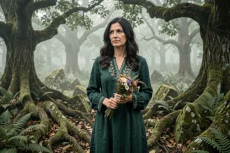 Femme sorcière moderne dans une forêt mystique tenant des herbes séchées, entourée de pierres moussues et de brume