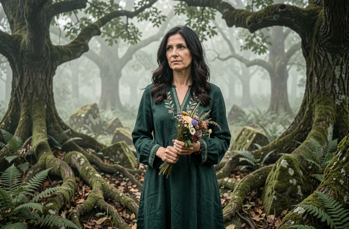 Femme sorcière moderne dans une forêt mystique tenant des herbes séchées, entourée de pierres moussues et de brume