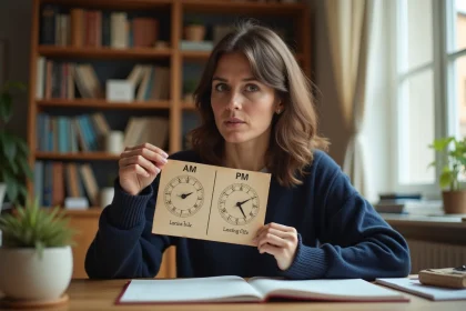 Femme française tenant un schéma d'horloge avec les abréviations AM et PM, illustrant la confusion sur leur signification en français