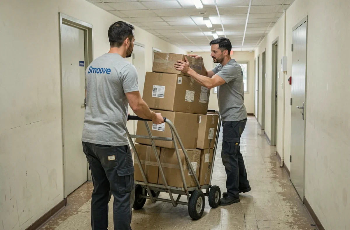Deux déménageurs Smoove transportant des cartons empilés dans un couloir d'immeuble à Aubervilliers